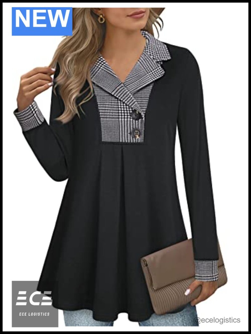 Women's Swing Tunic Notch Collar Button Sweatshirt Long Sleeve Pullover Top
